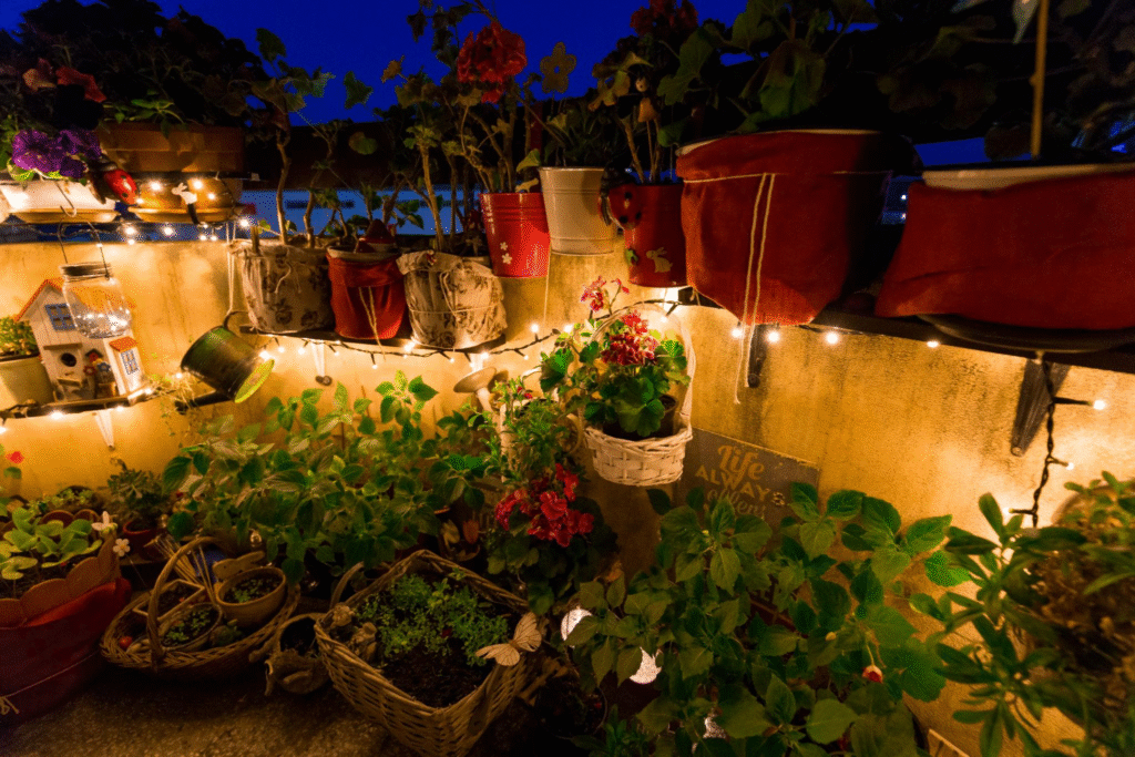 Night Balcony with Fairy Lights & Textiles
